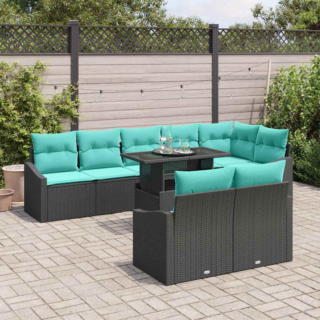 vidaXL Tuinbank Set met kussen 9 pcs Zwart en Blauw poly rattan