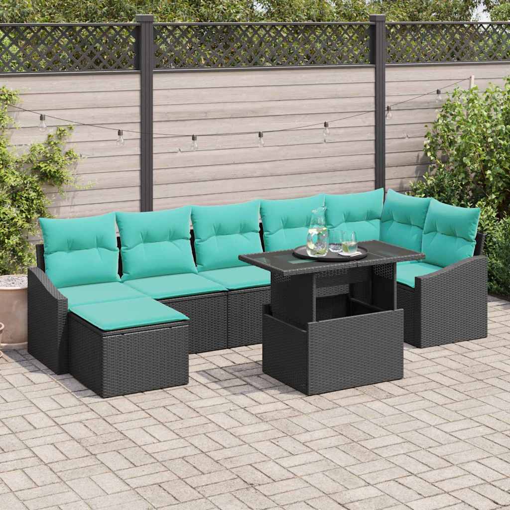 vidaXL Garden Sofa Set with Cushions 8 pcs Black and Blue Poly Rattan