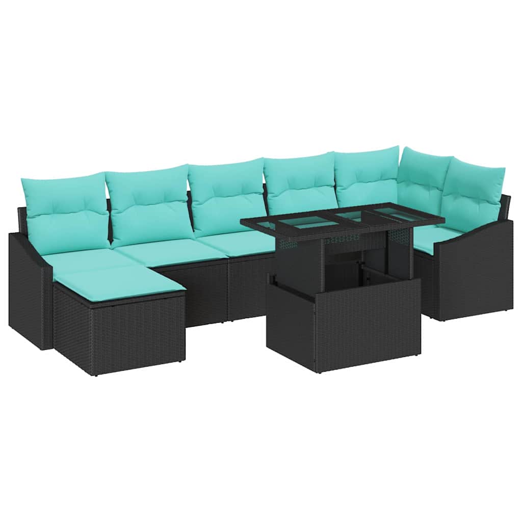 vidaXL Garden Sofa Set with Cushions 8 pcs Black and Blue Poly Rattan