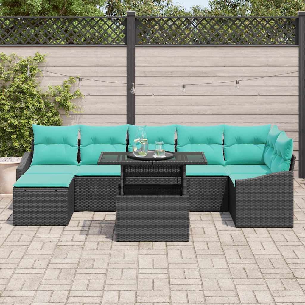 vidaXL Garden Sofa Set with Cushions 8 pcs Black and Blue Poly Rattan