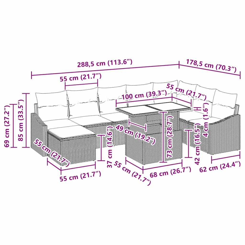 vidaXL Bankstel met kussen met opslag 9 pcs Zwart en Crème poly rattan