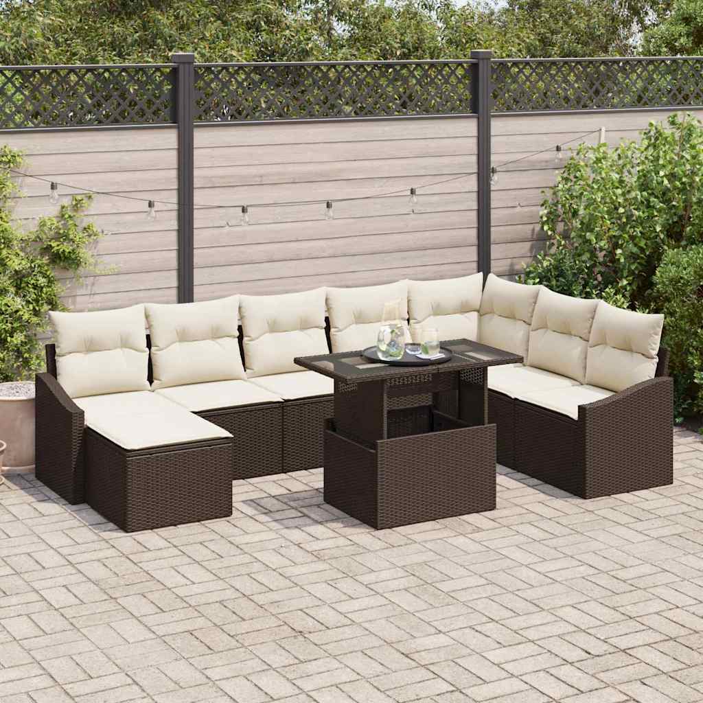 vidaXL Bankstel met kussen met opslag 9 pcs Zwart en Crème poly rattan