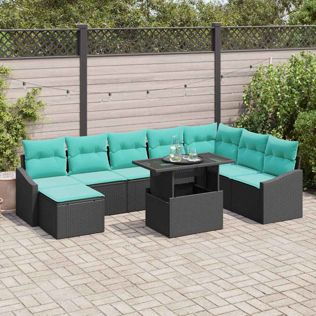 vidaXL Sofa Set with Cushion Storage 9 pcs Black and Blue Poly Rattan