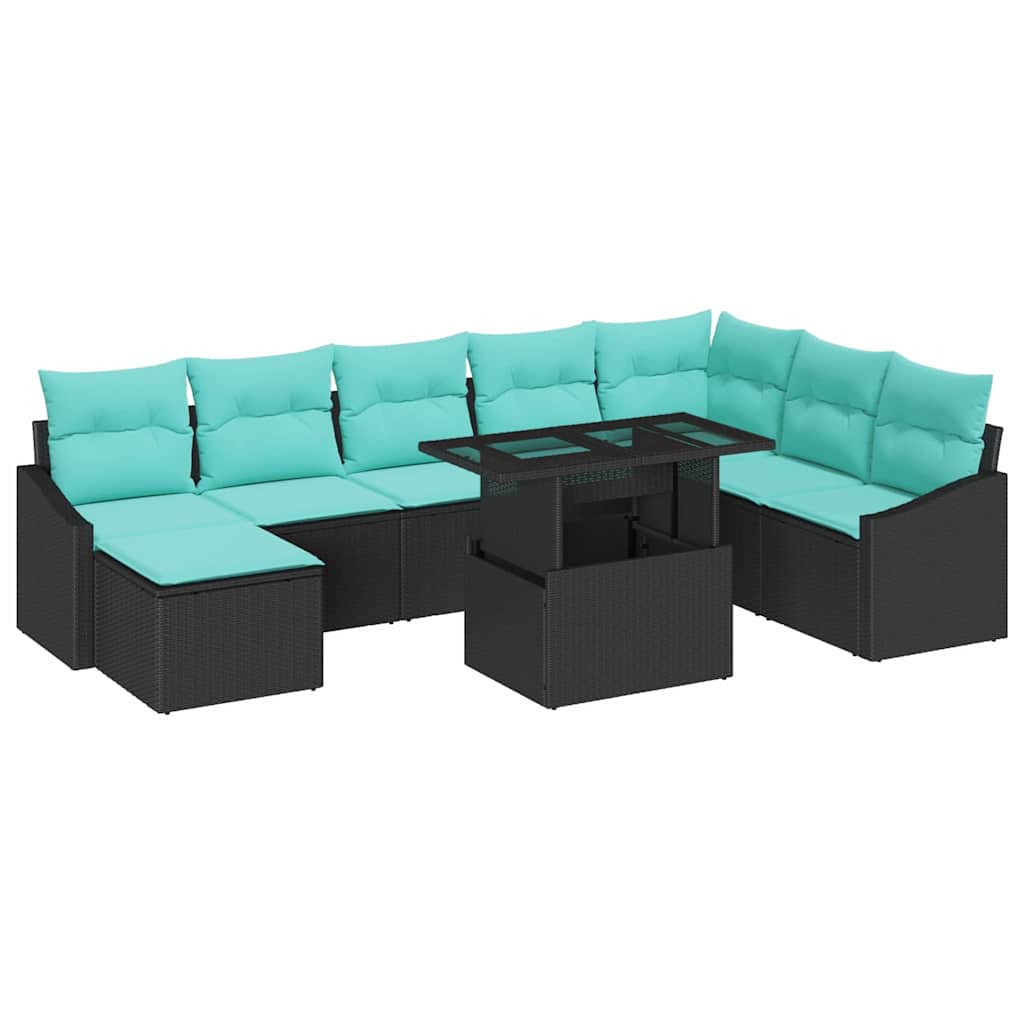vidaXL Sofa Set with Cushion Storage 9 pcs Black and Blue Poly Rattan