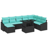 vidaXL Sofa Set with Cushion Storage 9 pcs Black and Blue Poly Rattan
