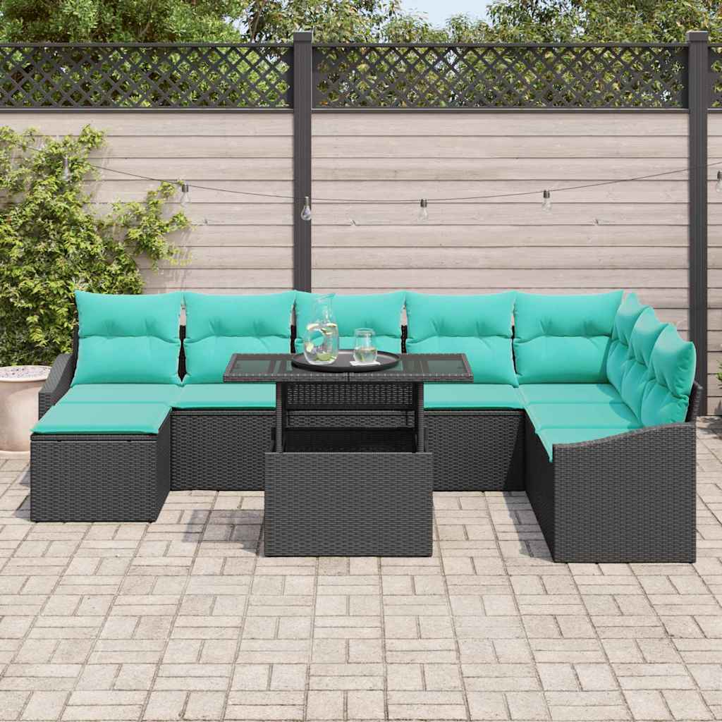 vidaXL Sofa Set with Cushion Storage 9 pcs Black and Blue Poly Rattan