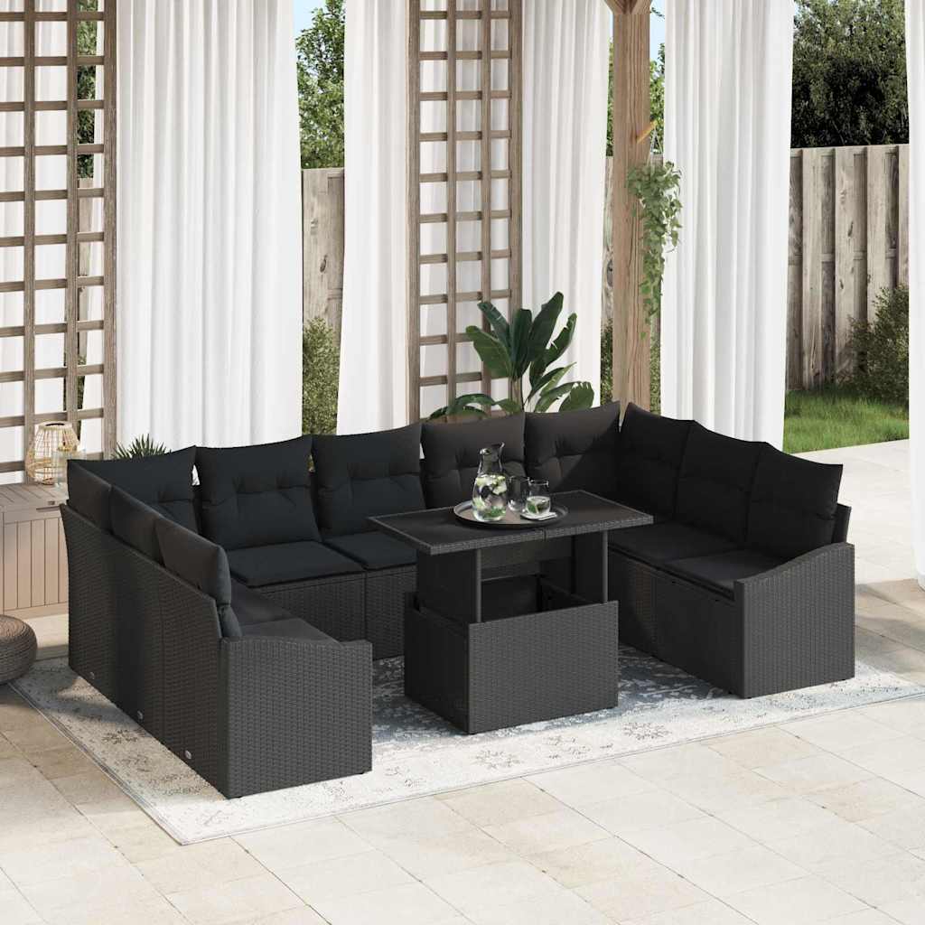 vidaXL Bankstel met kussen 10 pcs Zwart en Crème poly rattan