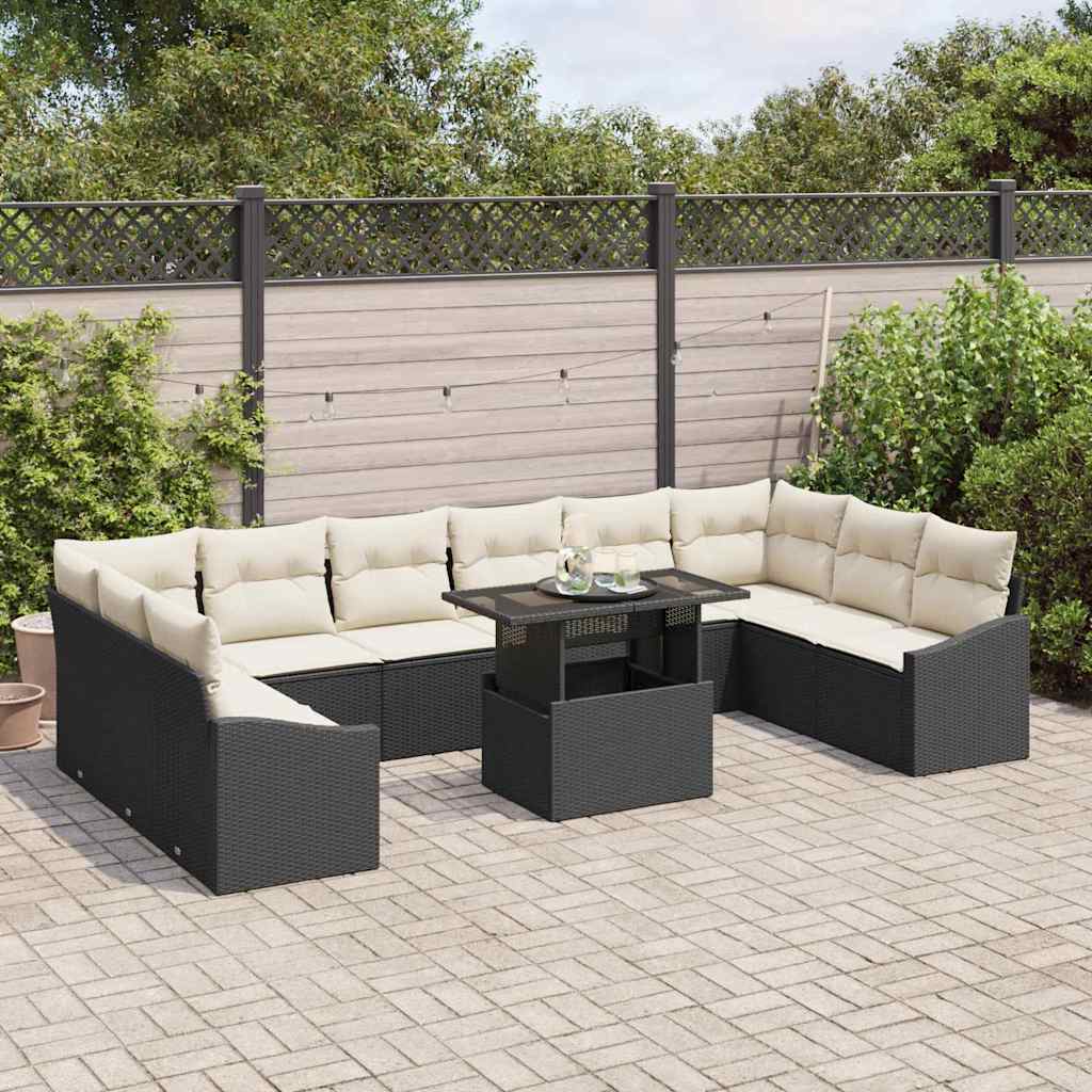 vidaXL Bankstel met kussen 11 pcs Zwart en Crème poly rattan