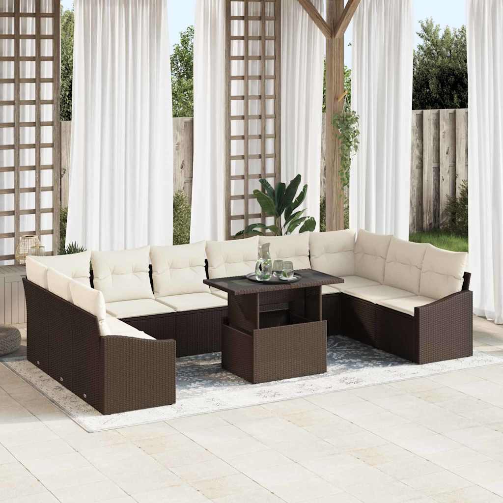 vidaXL Bankstel met kussen 11 pcs Zwart en Crème poly rattan