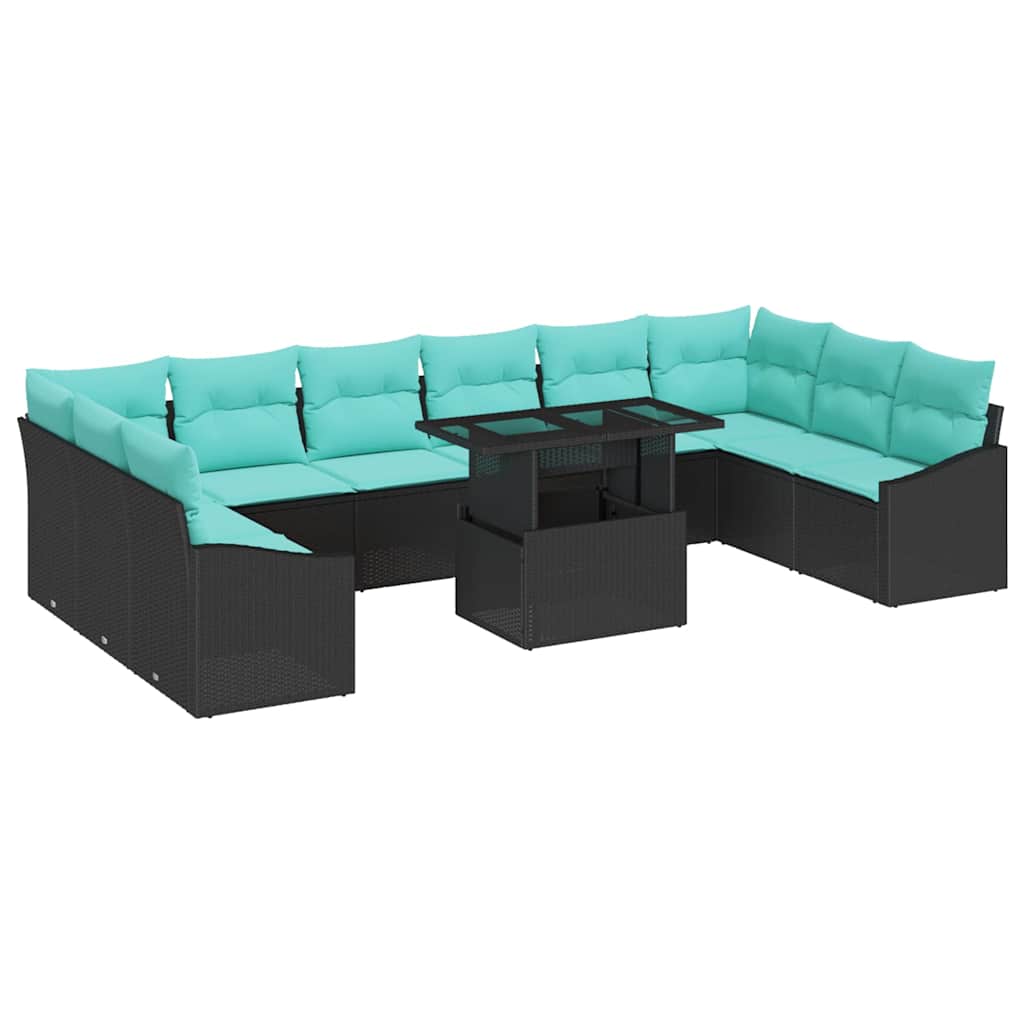 vidaXL Sofa Set with Cushions 11 pcs Black and Blue Poly Rattan