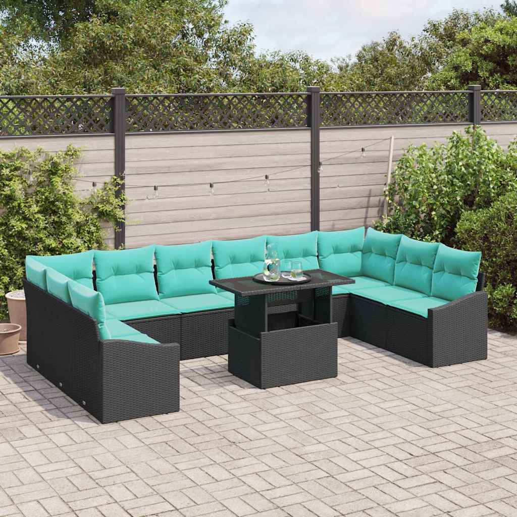vidaXL Sofa Set with Cushions 11 pcs Black and Blue Poly Rattan
