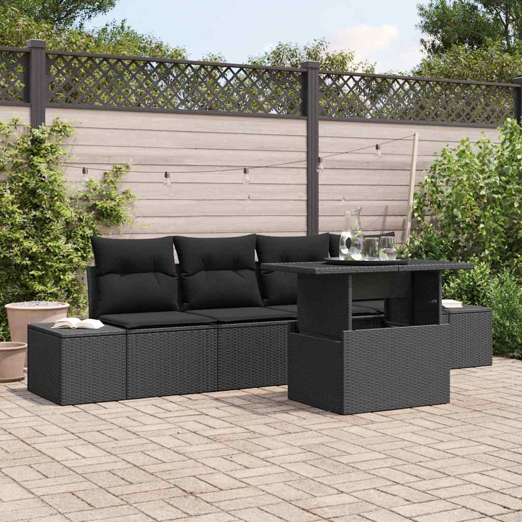 vidaXL Bankstel met kussen 5 pcs Zwart en Crème poly rattan