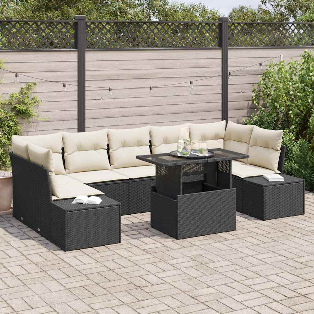 vidaXL Bankstel met kussen 8 pcs Zwart en Crème poly rattan