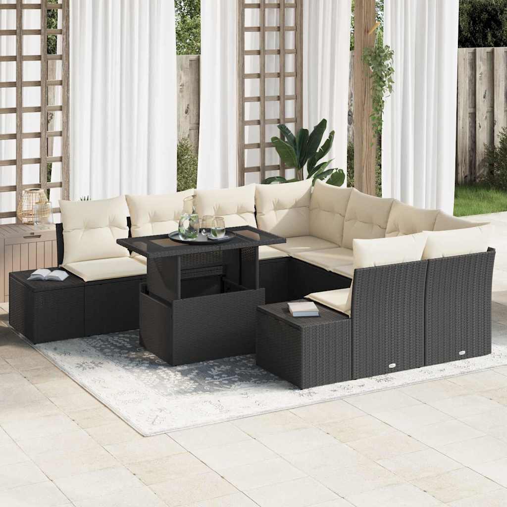 vidaXL Tuinbank Set met kussen 9 pcs Zwart en Crème poly rattan