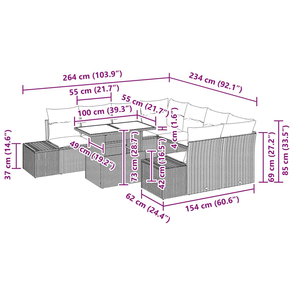 vidaXL Tuinbank Set met kussen 9 pcs Zwart en Crème poly rattan