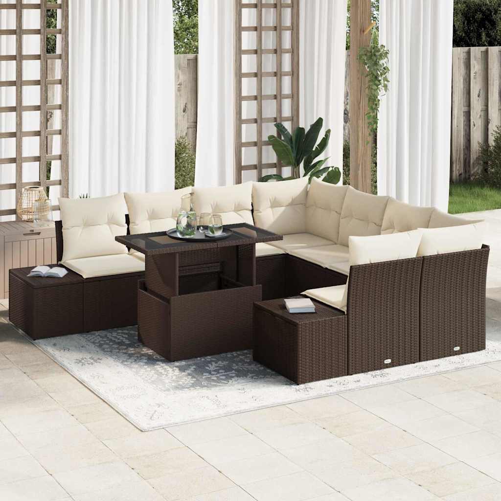 vidaXL Tuinbank Set met kussen 9 pcs Zwart en Crème poly rattan