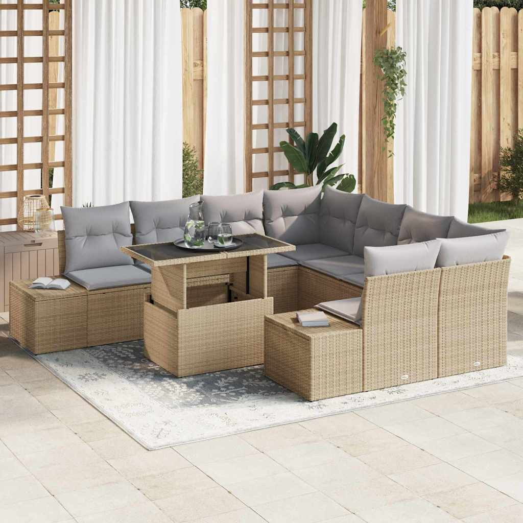 vidaXL Tuinbank Set met kussen 9 pcs Zwart en Crème poly rattan