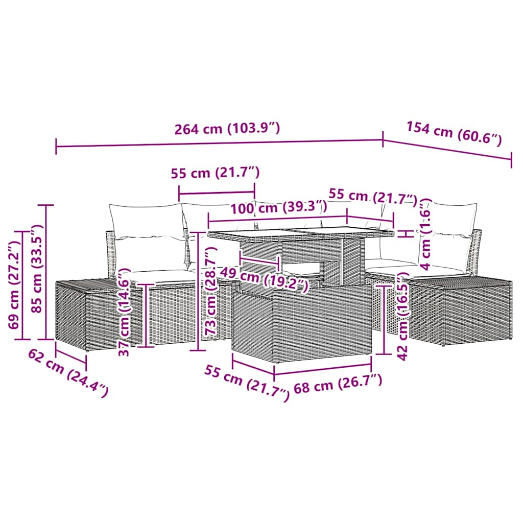 vidaXL Tuinbank Set met kussen 6 pcs Zwart Poly rattan