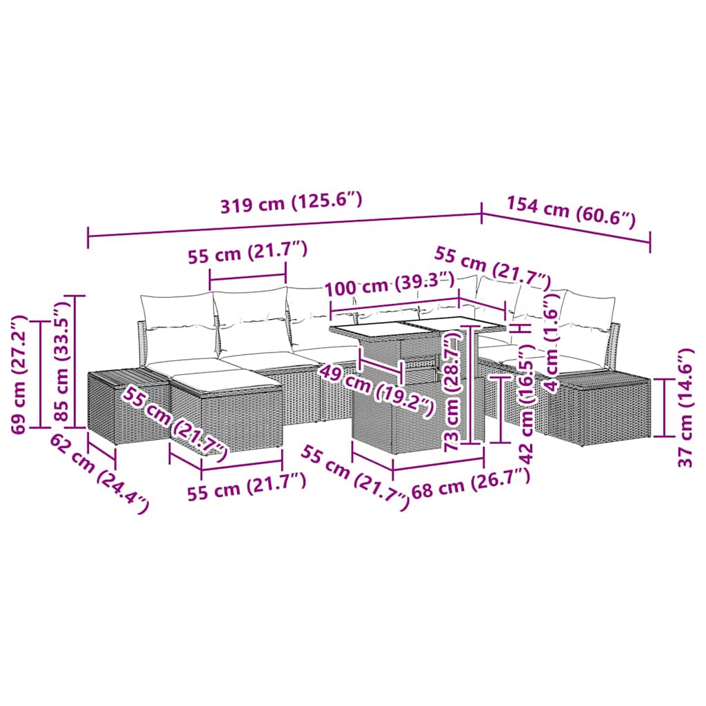 vidaXL Tuinbank Set met kussen 9 pcs Zwart en Crème poly rattan