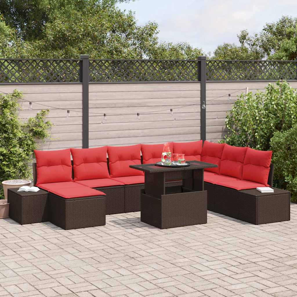 vidaXL Tuinbank Set met kussen 9 pcs Bruin en Rood poly rattan
