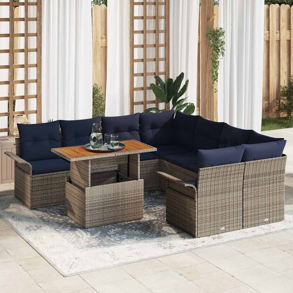 vidaXL Garden Sofa Set with Cushions 9 pcs Grey and Navy Blue Poly Rattan