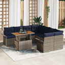 vidaXL Garden Sofa Set with Cushions 9 pcs Grey and Navy Blue Poly Rattan