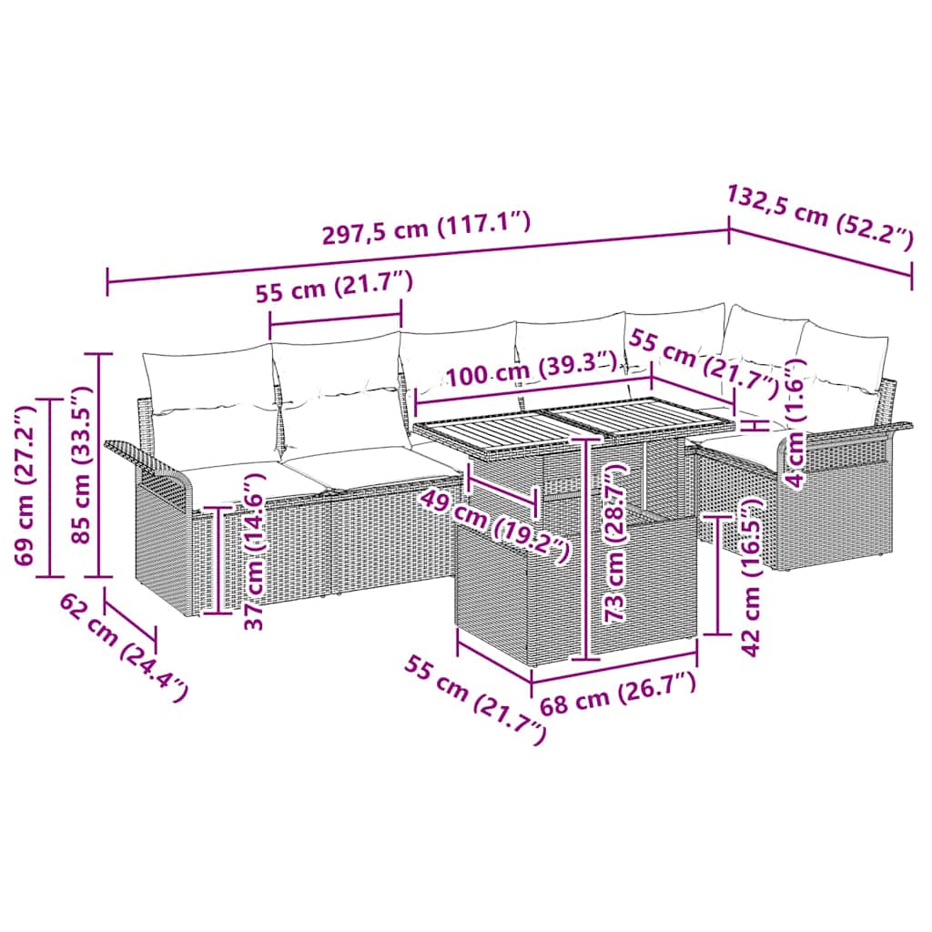 vidaXL Tuinbank Set met kussen 7 pcs Zwart en Crème poly rattan