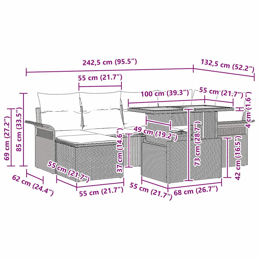 vidaXL Tuinbank Set met kussen 7 pcs Zwart en Crème poly rattan