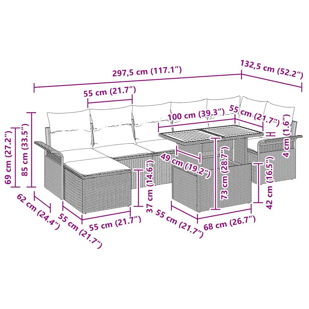 vidaXL Tuinbank Set met kussen 8 pcs Zwart en Crème poly rattan