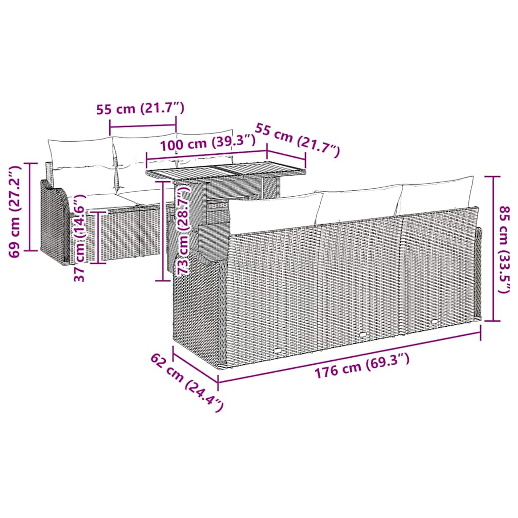 vidaXL Tuinbank Set met kussen 7 pcs Zwart en Crème poly rattan