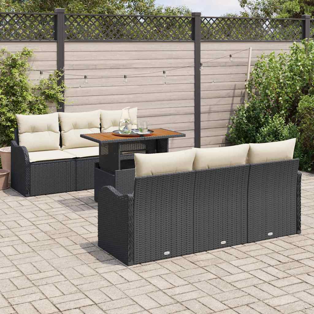vidaXL Tuinbank Set met kussen 7 pcs Zwart en Crème poly rattan