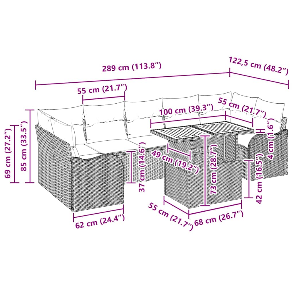 vidaXL Tuinbank Set met kussen 8 pcs Zwart en Crème poly rattan