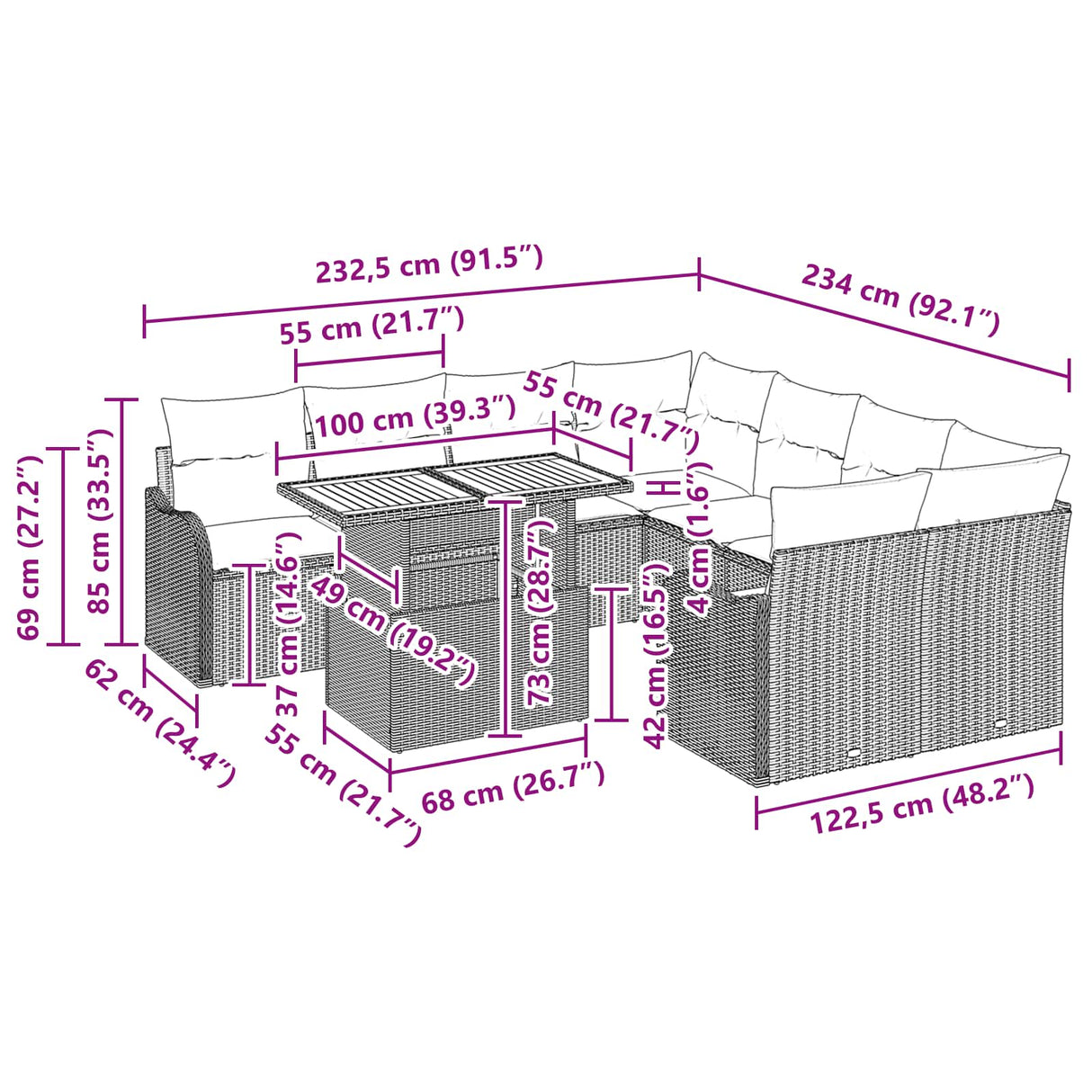 vidaXL Garden Bench Set 9 pcs 8-Seater Grey and Navy Blue