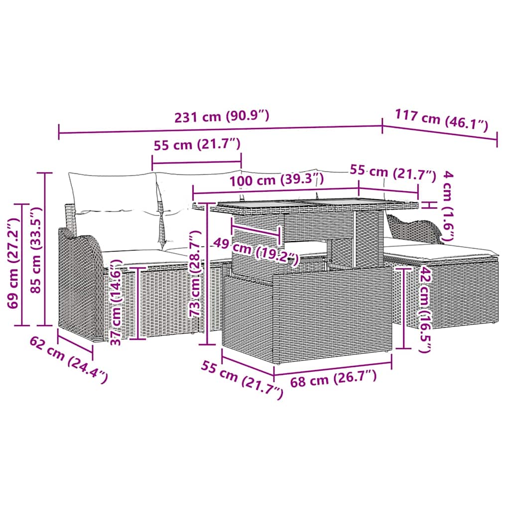 vidaXL Garden Sofa Set with cushions 6 pcs Black and Cream poly rattan