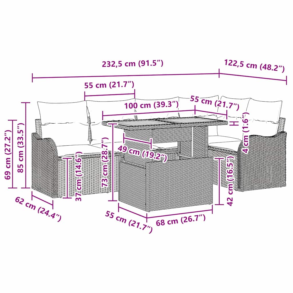 vidaXL Tuinbank Set met kussen 6 pcs Zwart en Crème poly rattan