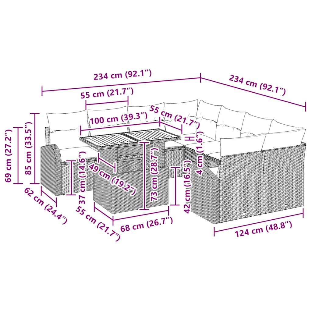 vidaXL Tuinbank Set met kussen 9 pcs Zwart en crème