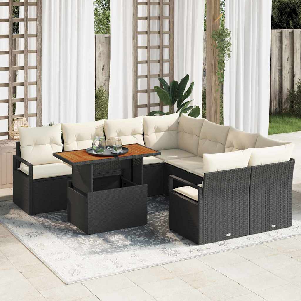 vidaXL Tuin Eettafel Set met kussen 9 pcs Zwart en Crème
