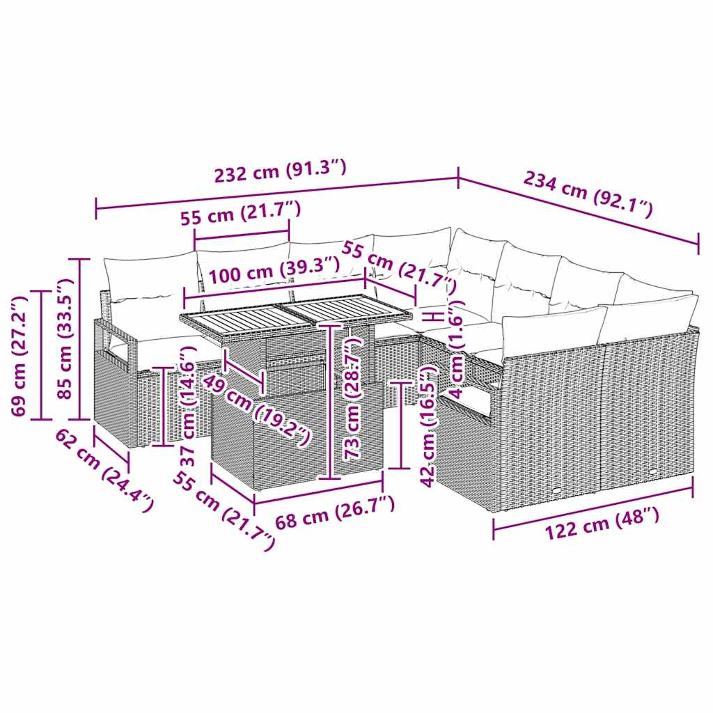 vidaXL Tuin Eettafel Set met kussen 9 pcs Zwart en Crème