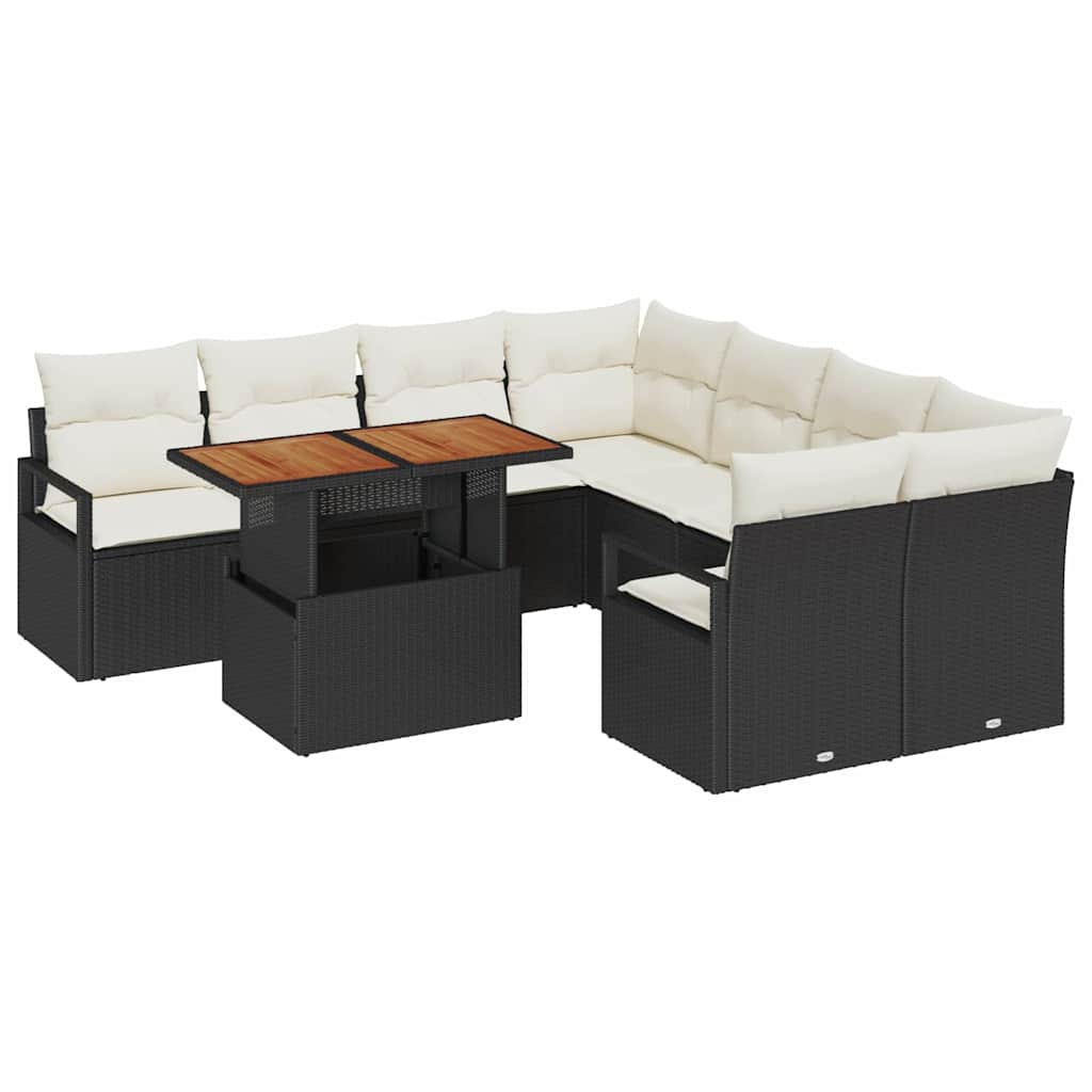 vidaXL Tuin Eettafel Set met kussen 9 pcs Zwart en Crème
