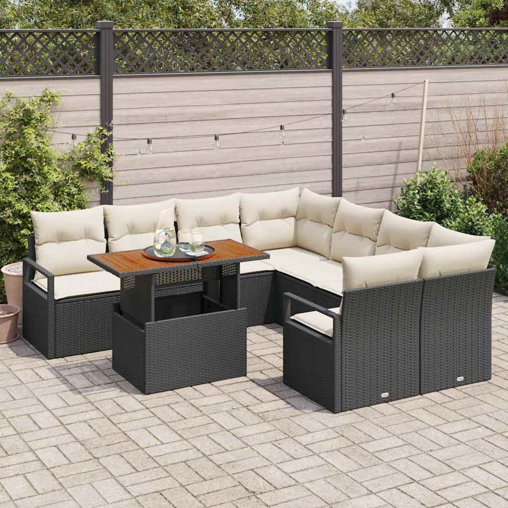 vidaXL Tuin Eettafel Set met kussen 9 pcs Zwart en Crème