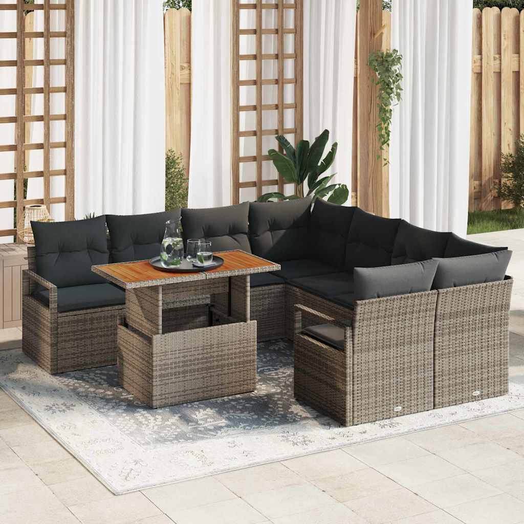 vidaXL Tuin Eettafel Set met kussen 9 pcs Zwart en Crème