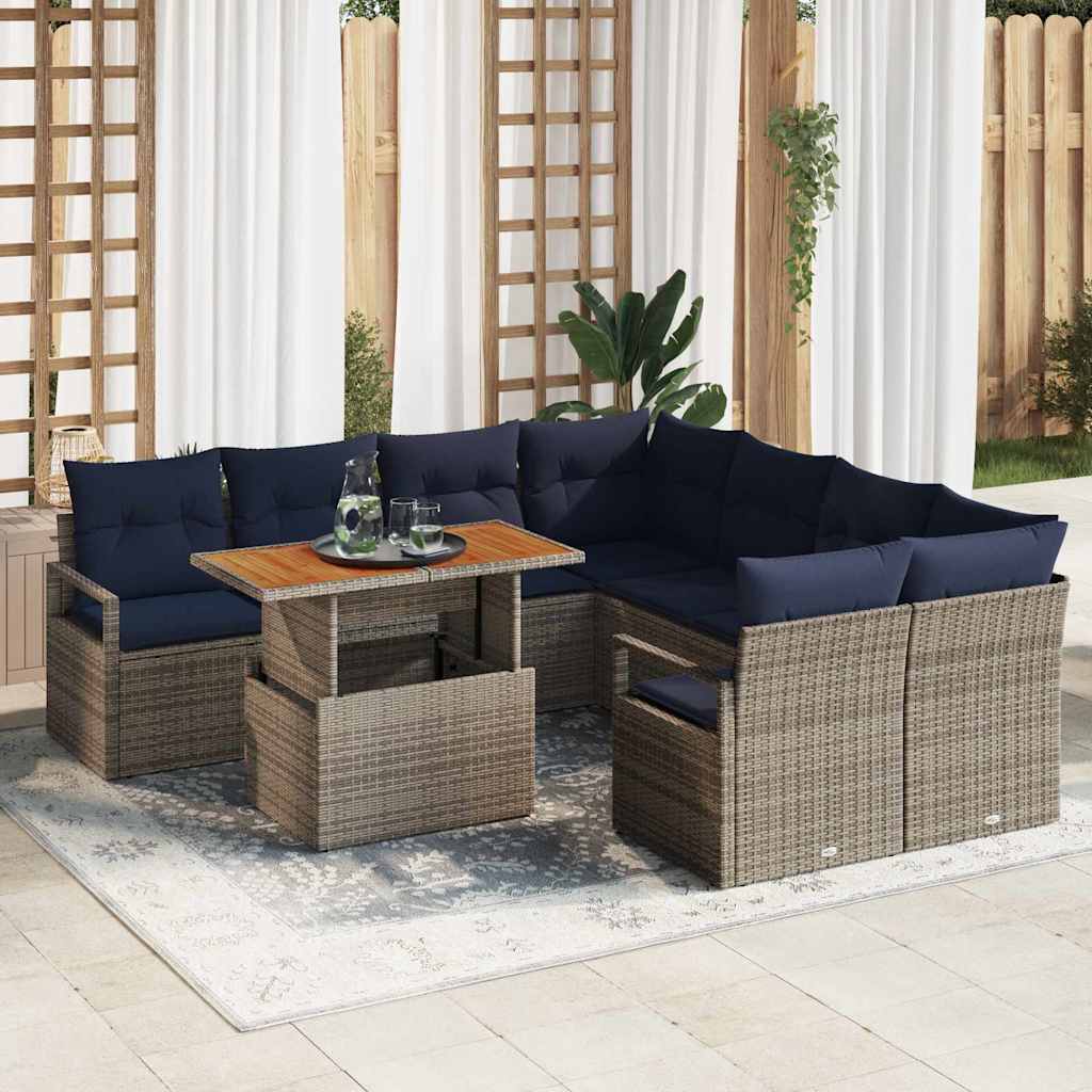 vidaXL Garden Dining Set with Cushions 9 pcs Grey and Navy Blue
