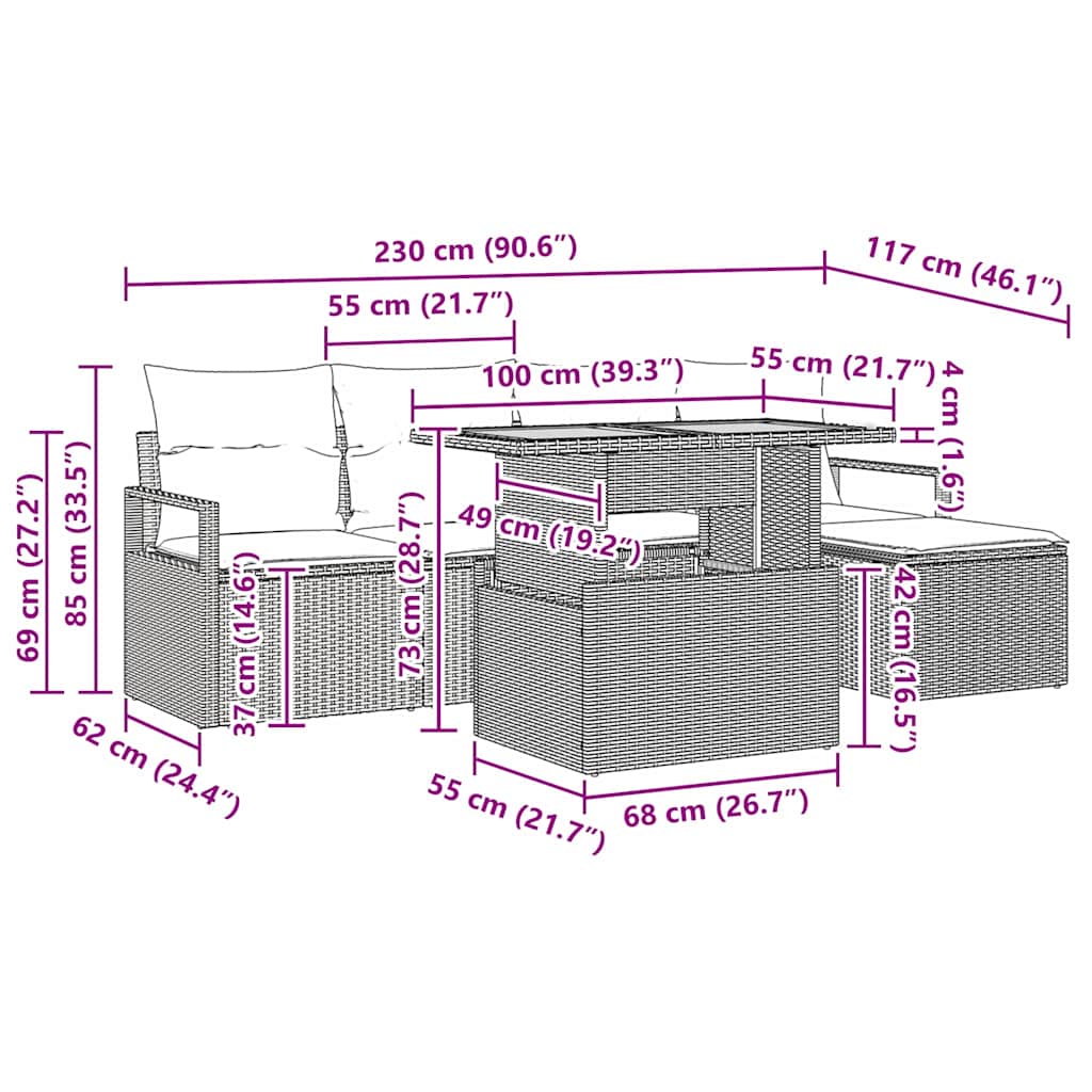 vidaXL Tuin Eettafel Set met kussen 6 pcs Zwart en Crème