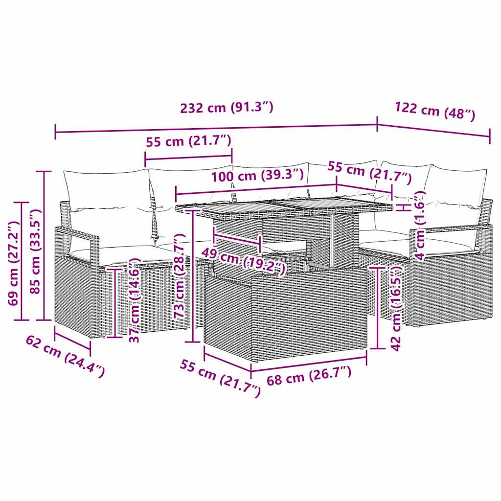 vidaXL Tuin Eettafel Set met kussen 6 pcs Zwart en Crème