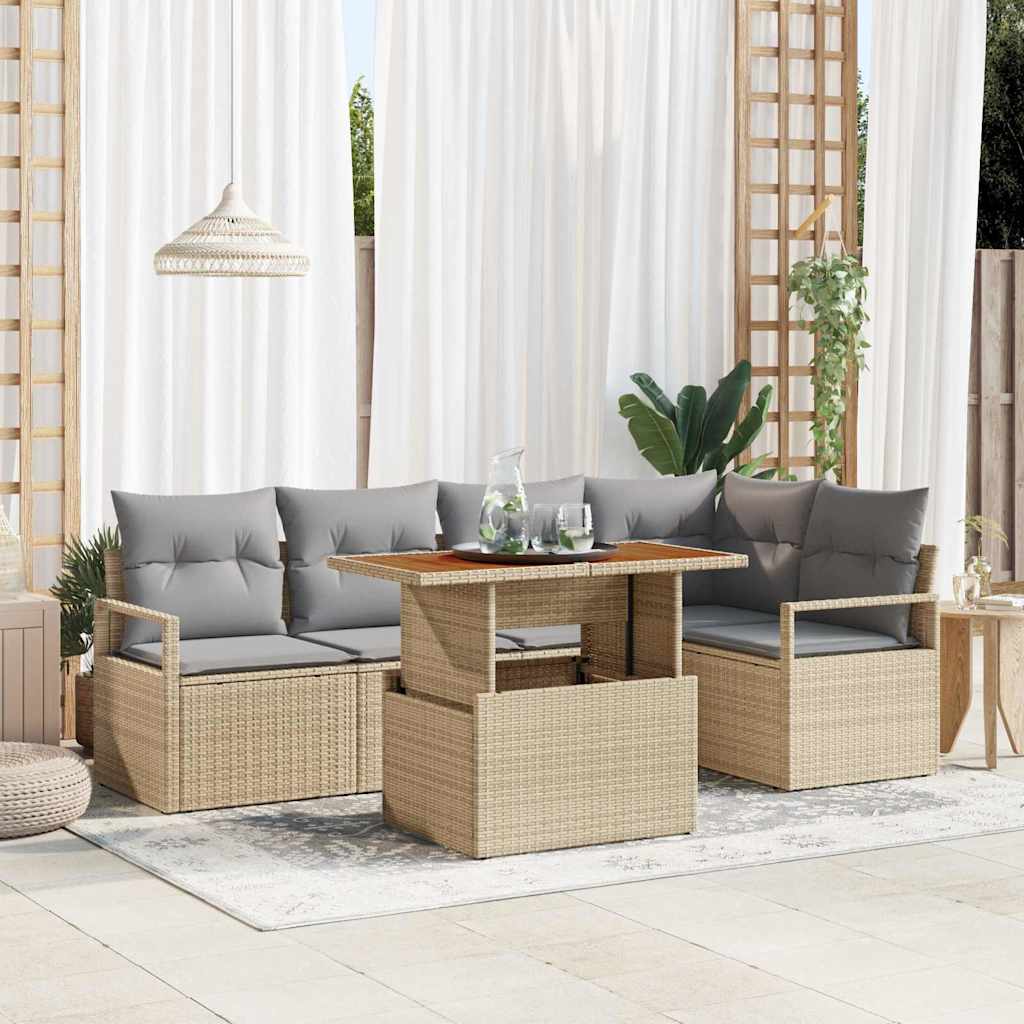 vidaXL Tuin Eettafel Set met kussen 6 pcs Zwart en Crème