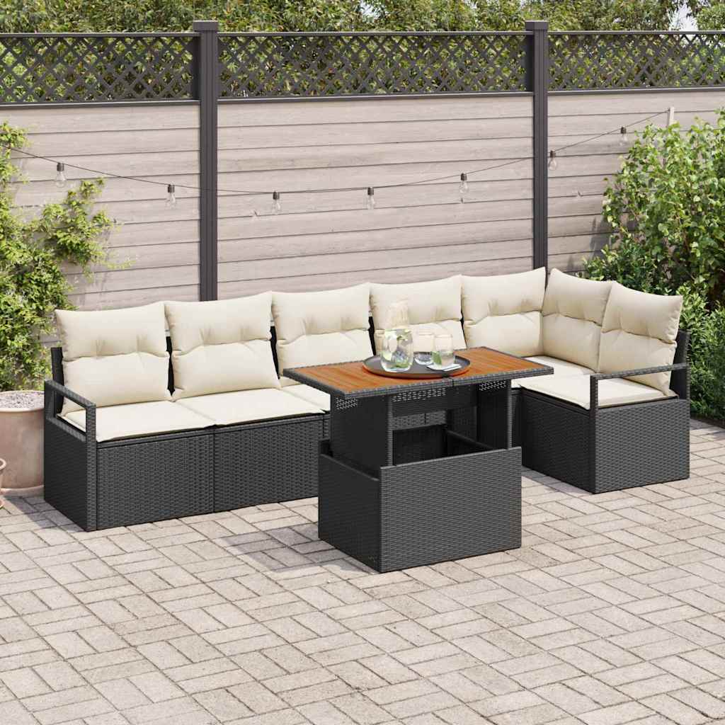 vidaXL Tuin Eettafel Set met kussen 7 pcs Zwart en Crème