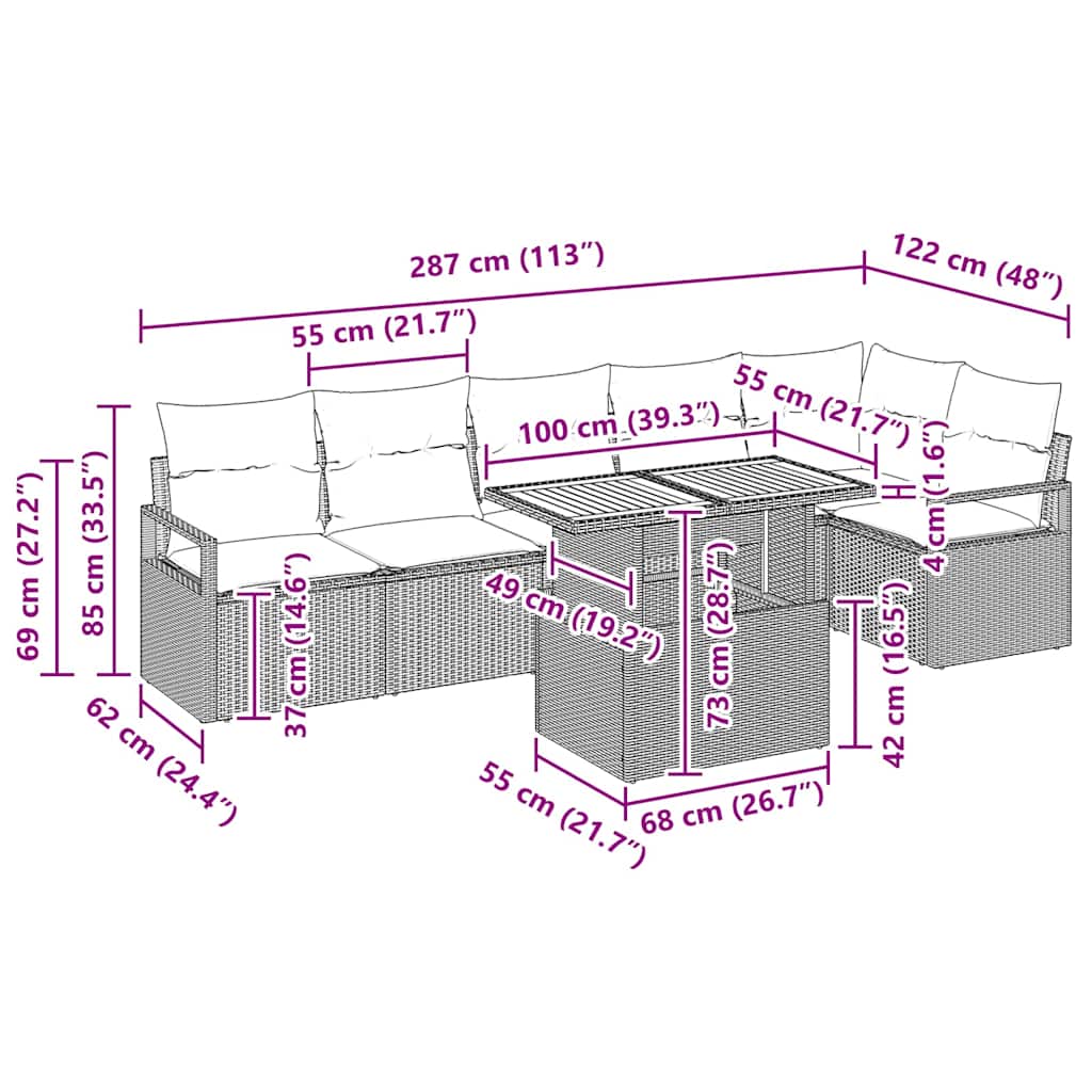 vidaXL Tuin Eettafel Set met kussen 7 pcs Zwart en Crème