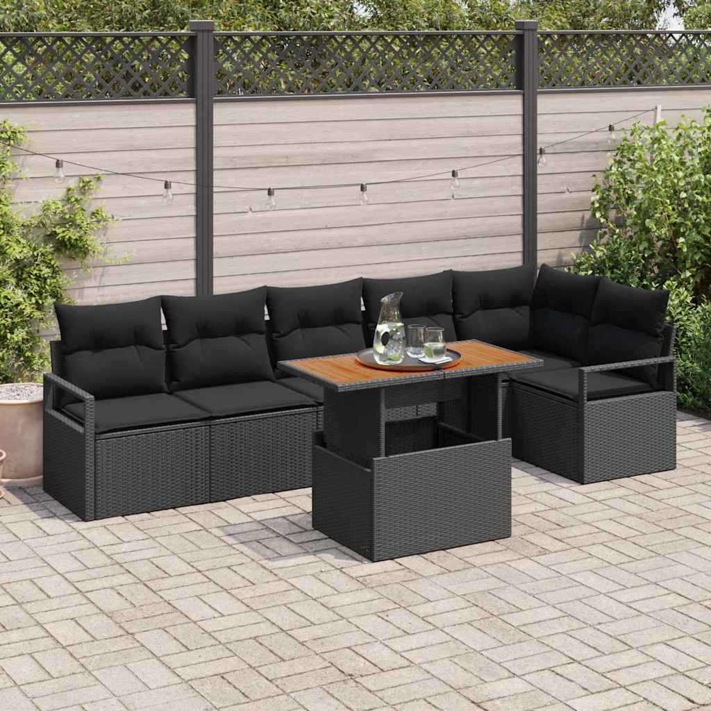 vidaXL Tuin Eettafel Set met kussen 7 pcs Zwart en Crème