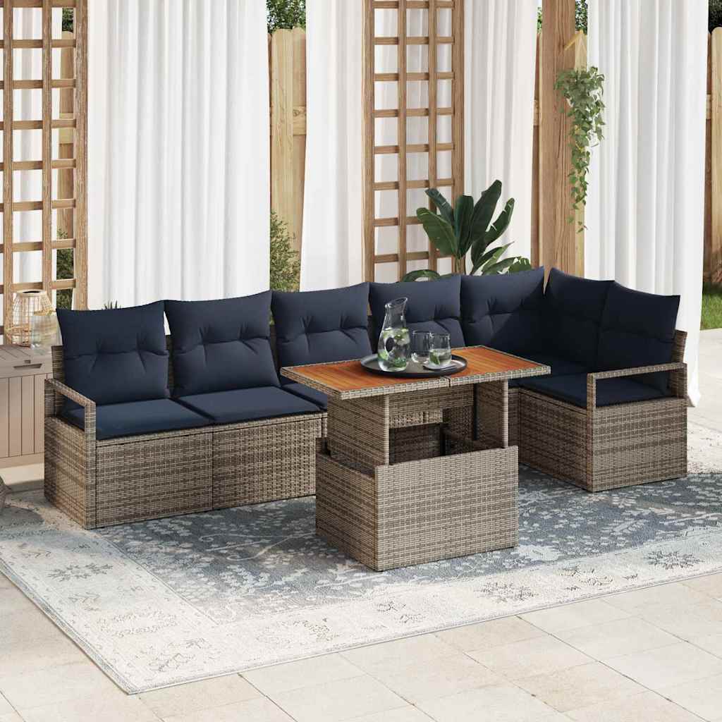 vidaXL Tuin Eettafel Set met kussen 7 pcs Grijs en Marineblauw