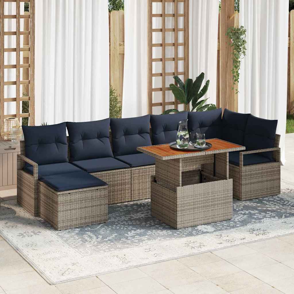 vidaXL Tuin Eettafel Set met kussen 8 pcs Grijs en Marineblauw